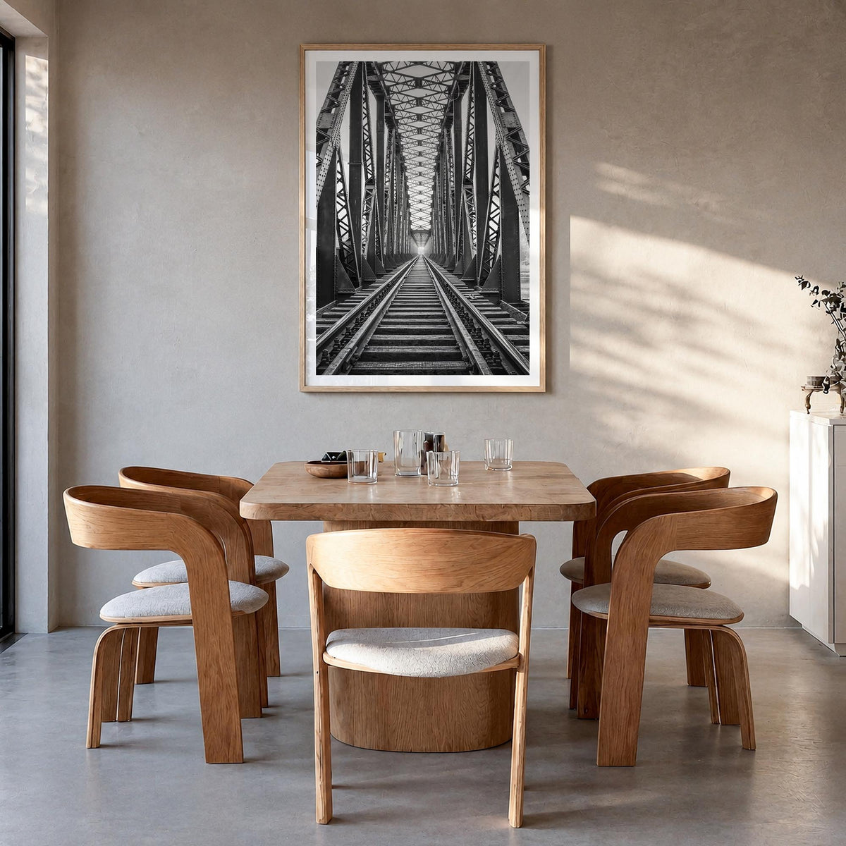 Bridge black & white photo poster – vertical wall art in natural wood frame with white border, hanging on wall