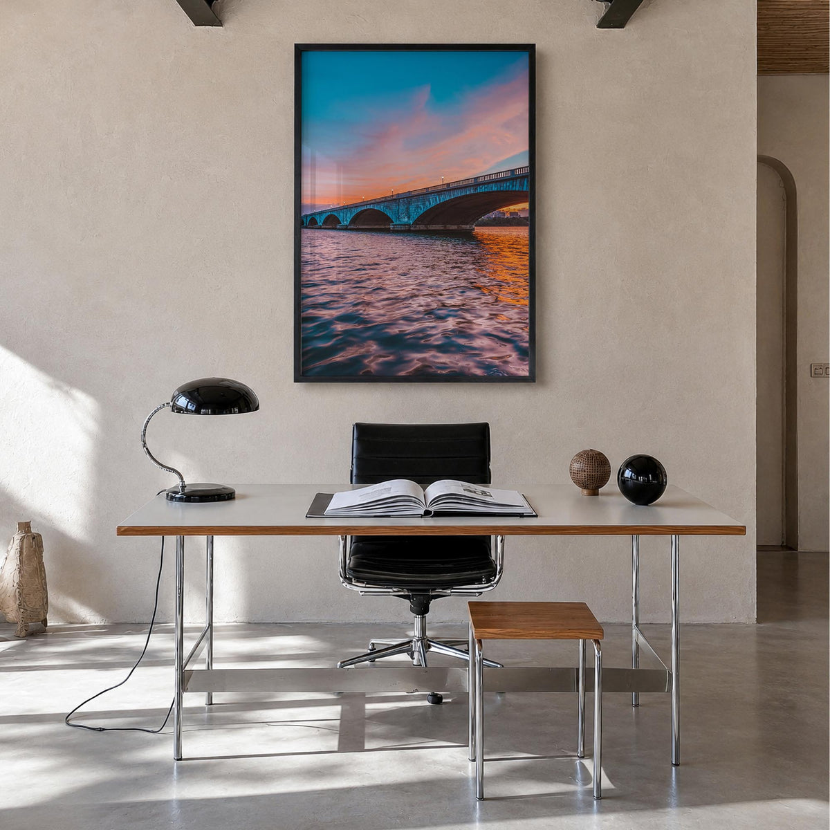 Bridge Sunset colorful photo poster – vertical wall art in black wood frame, hanging on wall