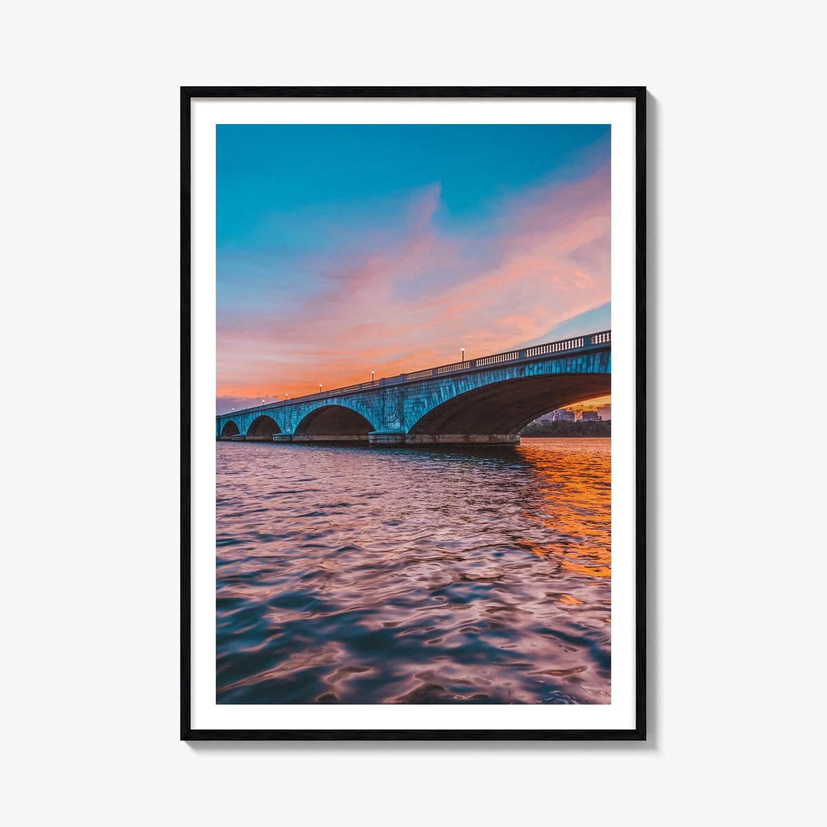 Bridge Sunset colorful photo poster – vertical wall art, unframed print shown in interior mockup