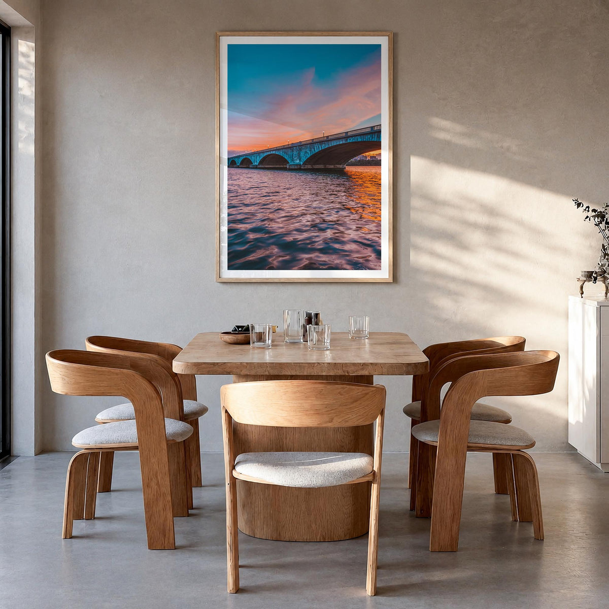 Bridge Sunset colorful photo poster – vertical wall art in natural wood frame with white border, hanging on wall