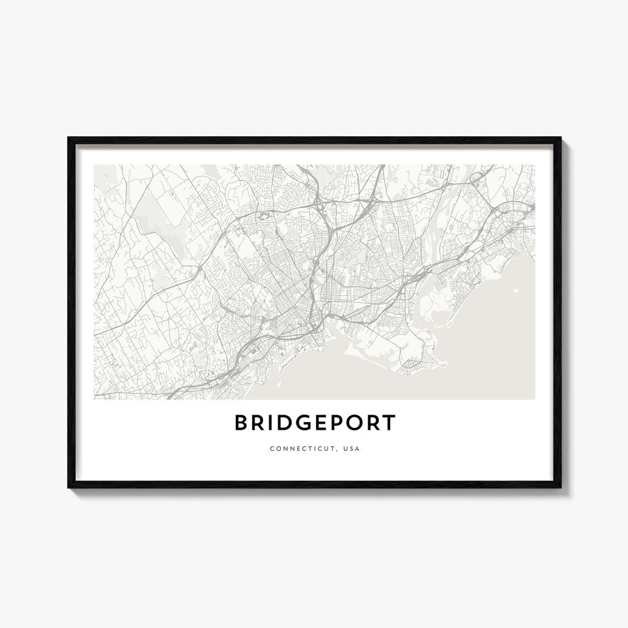 Bridgeport black & white map poster of Connecticut, USA – horizontal wall art, unframed print shown in interior mockup
