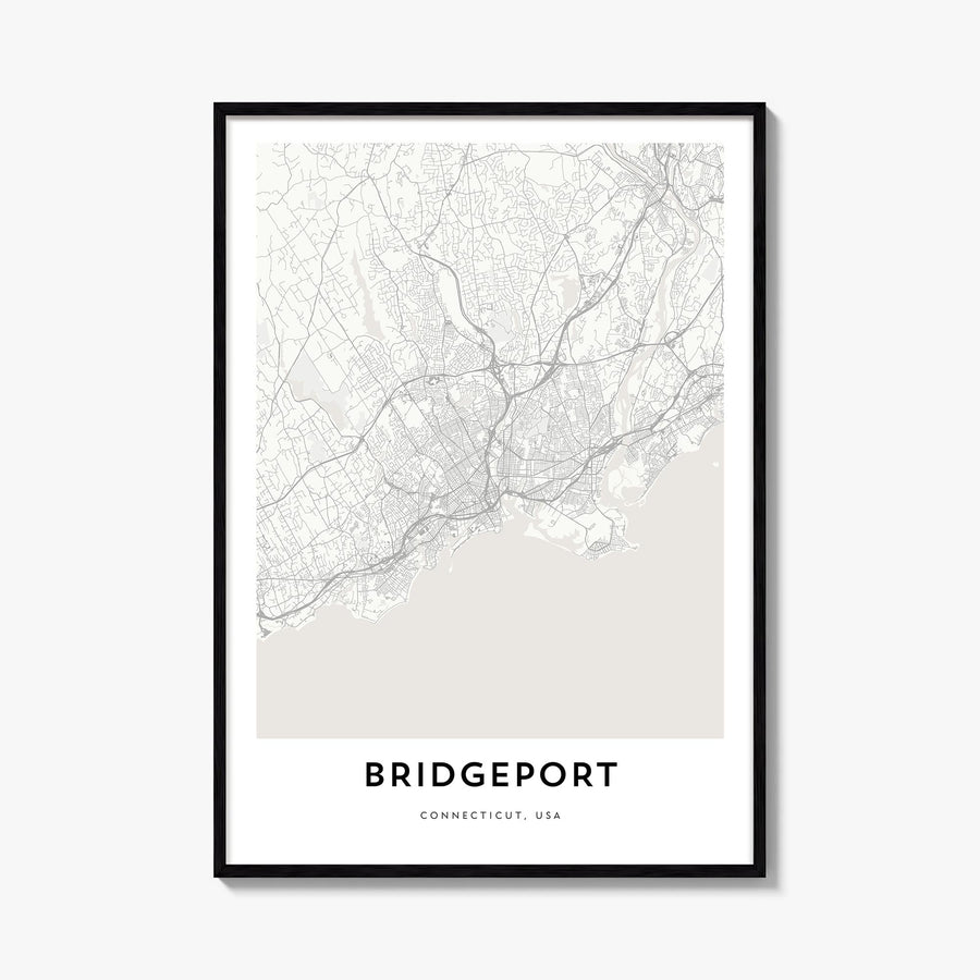 Bridgeport black & white map poster of Connecticut, USA – vertical wall art, unframed print shown in interior mockup