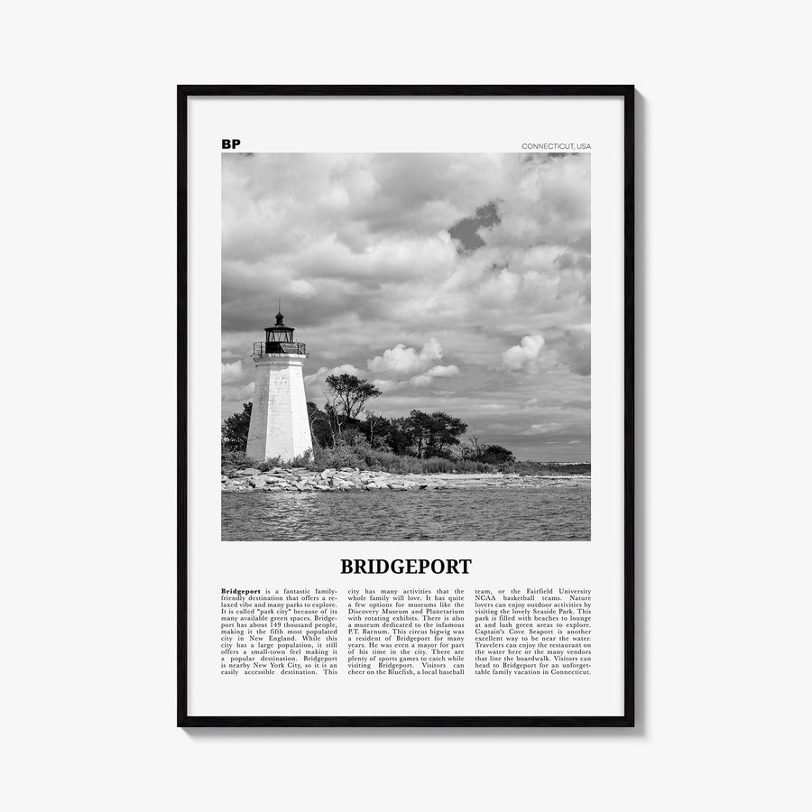Bridgeport black & white newspaper poster of Connecticut, USA – vertical wall art, unframed print shown in interior mockup