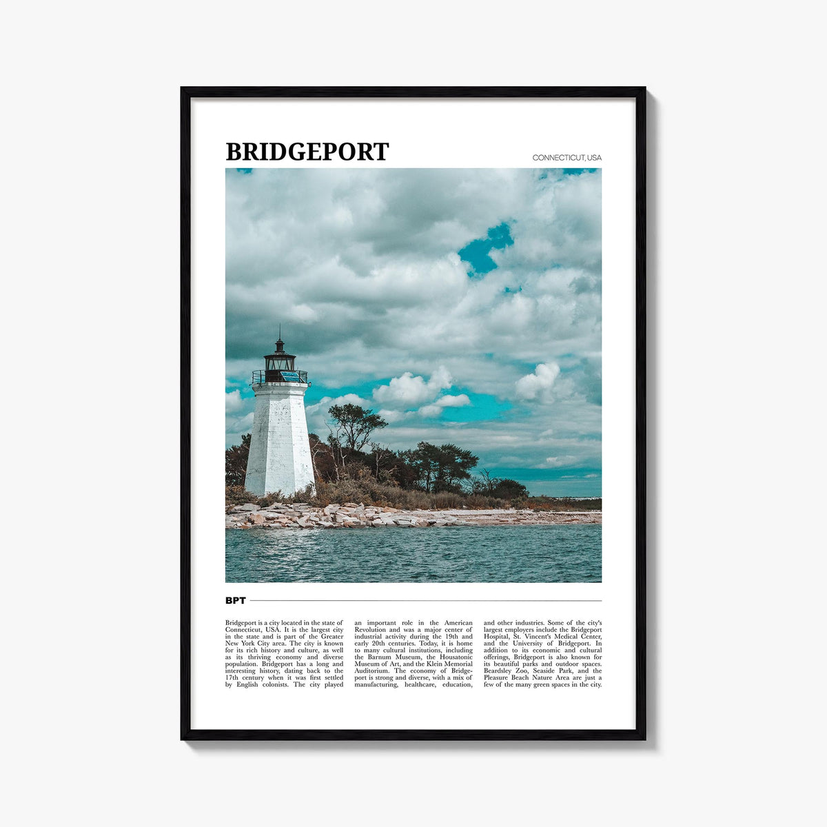 Bridgeport colorful travel poster of Connecticut, USA – vertical wall art, unframed print shown in interior mockup