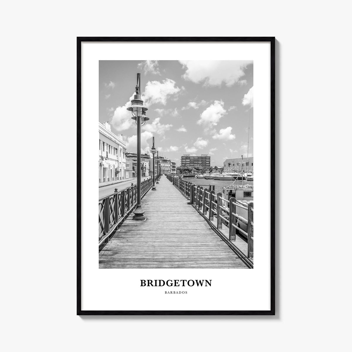 Bridgetown black & white classic poster of Barbados – vertical wall art, unframed print shown in interior mockup
