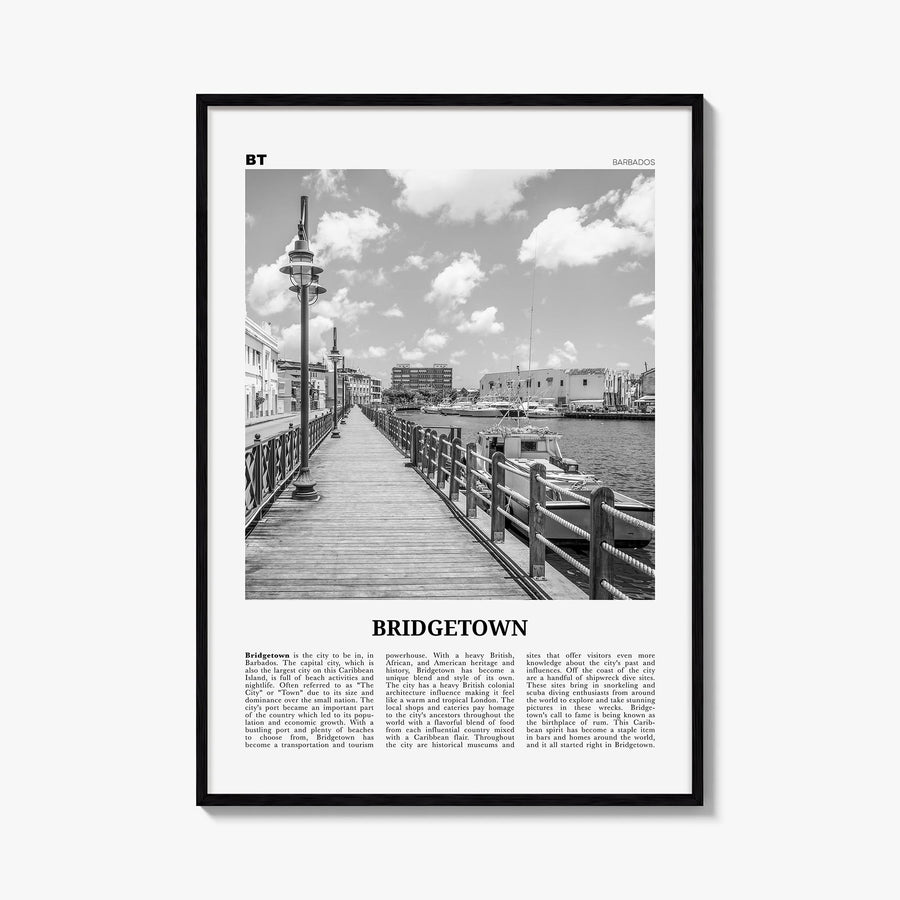 Bridgetown black & white newspaper poster of Barbados – vertical wall art, unframed print shown in interior mockup
