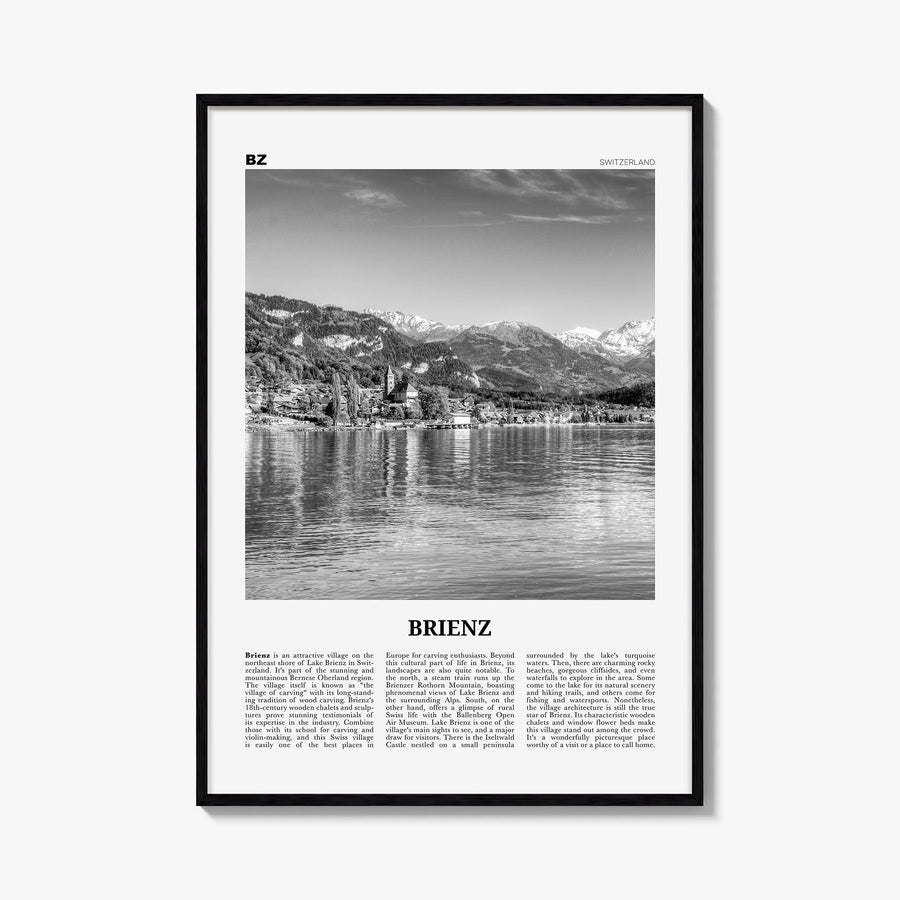 Brienz black & white newspaper poster of Switzerland – vertical wall art, unframed print shown in interior mockup