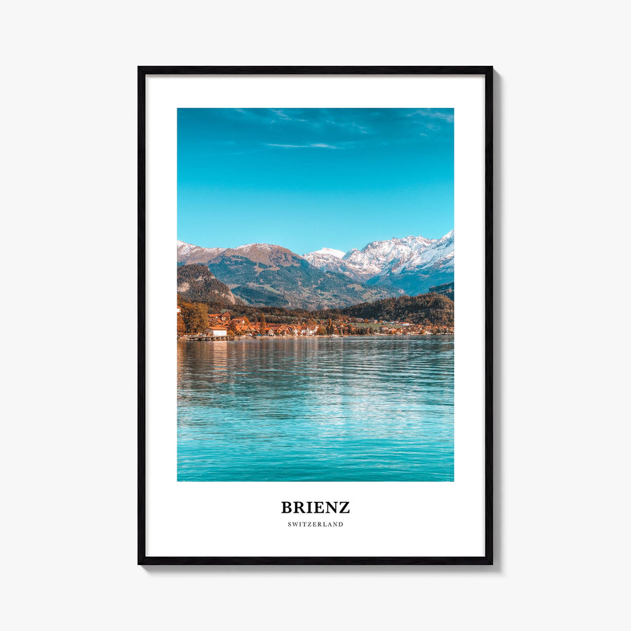 Brienz colorful classic poster of Switzerland – vertical wall art, unframed print shown in interior mockup