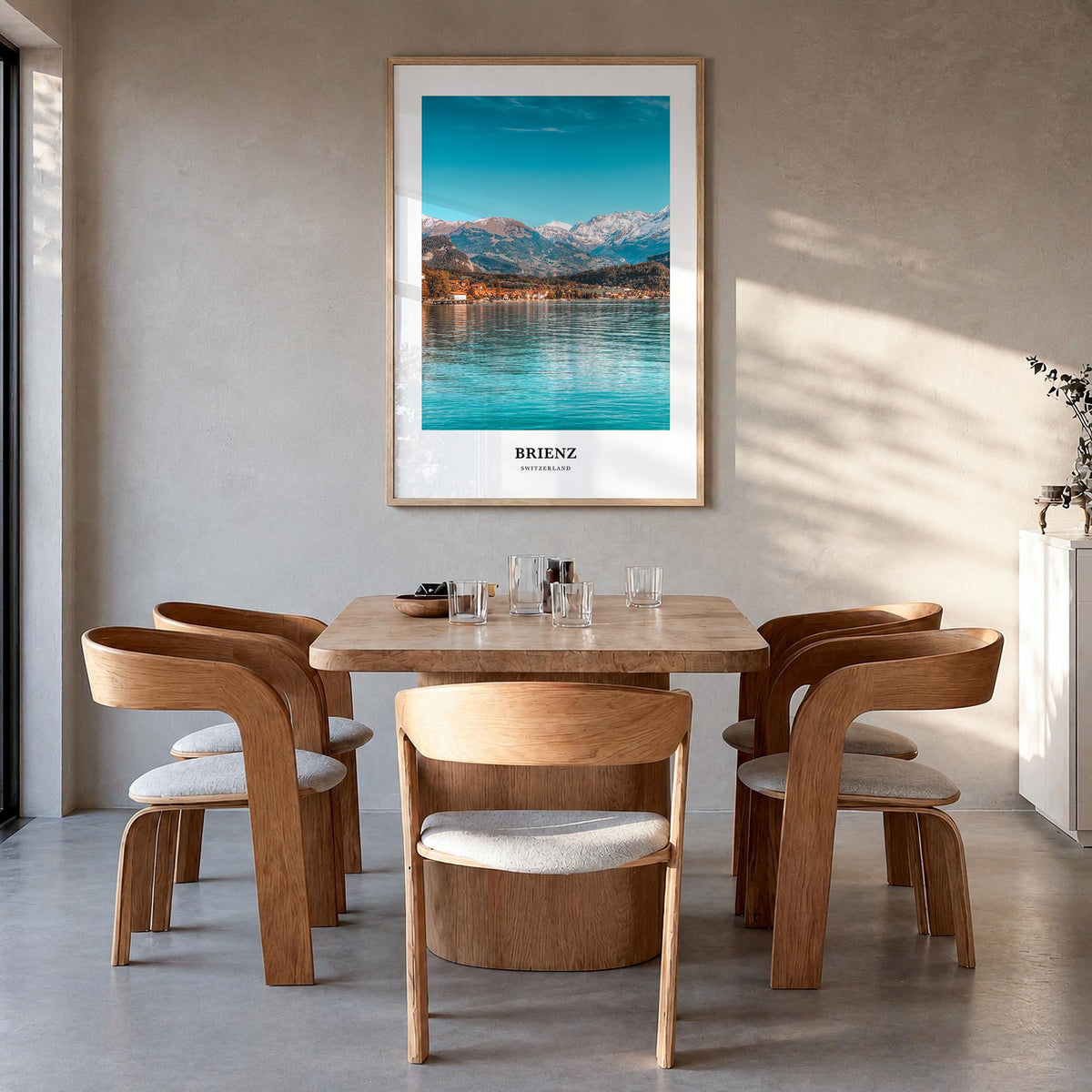 Brienz colorful classic poster of Switzerland – vertical wall art in natural wood frame, hanging on wall