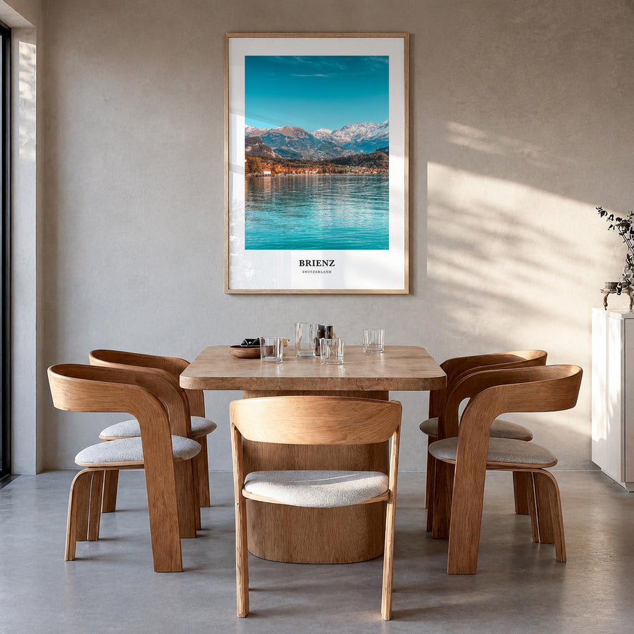 Brienz colorful classic poster of Switzerland – vertical wall art in natural wood frame, hanging on wall