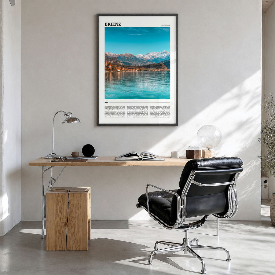Brienz Travel Poster in a black wood frame, hanging in a bright home office