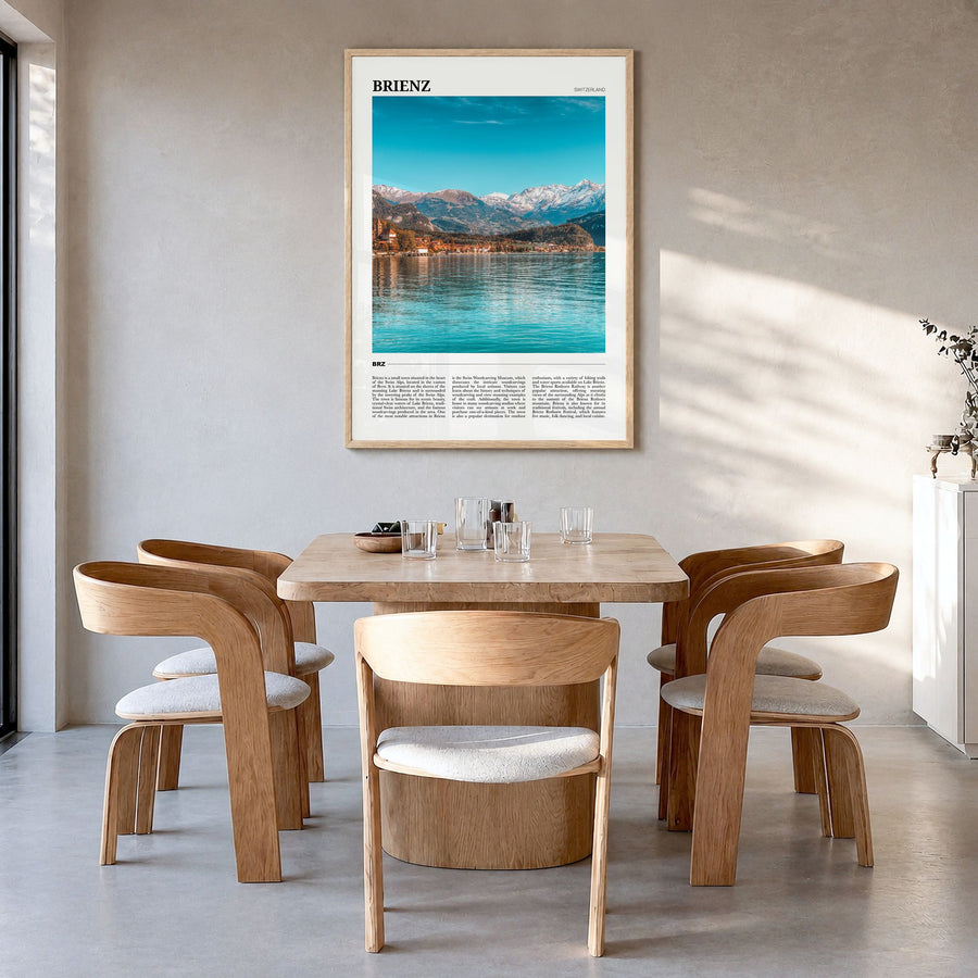 Brienz Travel Poster in a natural wood frame, hanging in a dining room