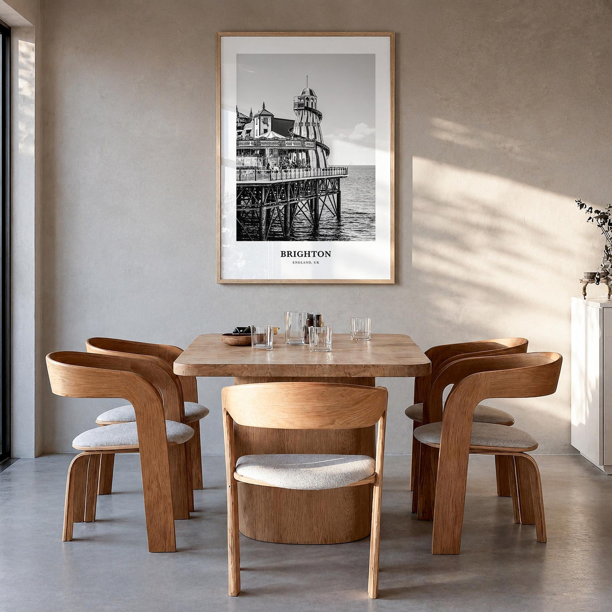 Brighton black & white classic poster of England, UK – vertical wall art in natural wood frame, hanging on wall