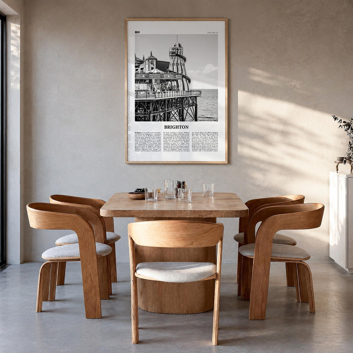 Brighton black & white newspaper poster of England, UK – vertical wall art in natural wood frame, hanging on wall
