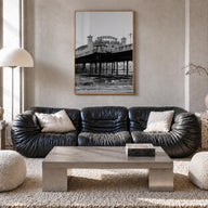 Brighton black & white photo poster of England, UK – vertical wall art in natural wood frame, hanging on wall