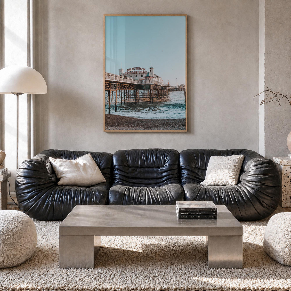 Brighton colorful photo poster of England, UK – vertical wall art in natural wood frame, hanging on wall
