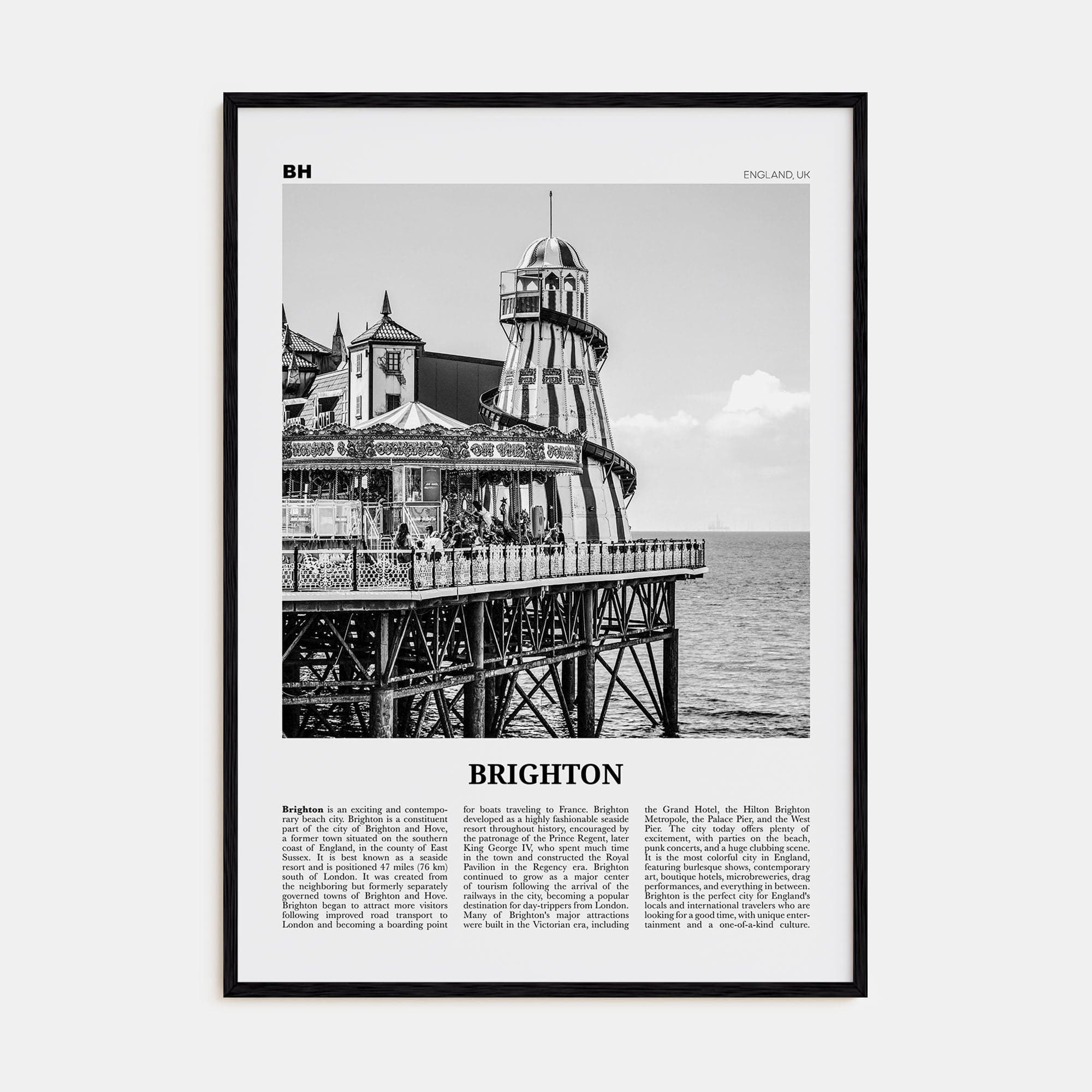 Brighton Poster Black Wood / 8x12 in Nbourhood Travel B&W Poster