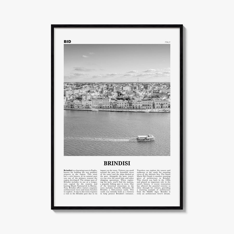 Brindisi black & white newspaper poster of Italy – vertical wall art, unframed print shown in interior mockup