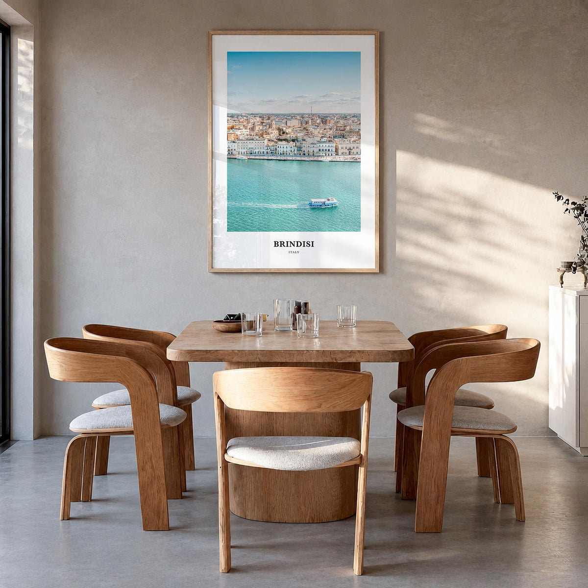 Brindisi colorful classic poster of Italy – vertical wall art in natural wood frame, hanging on wall