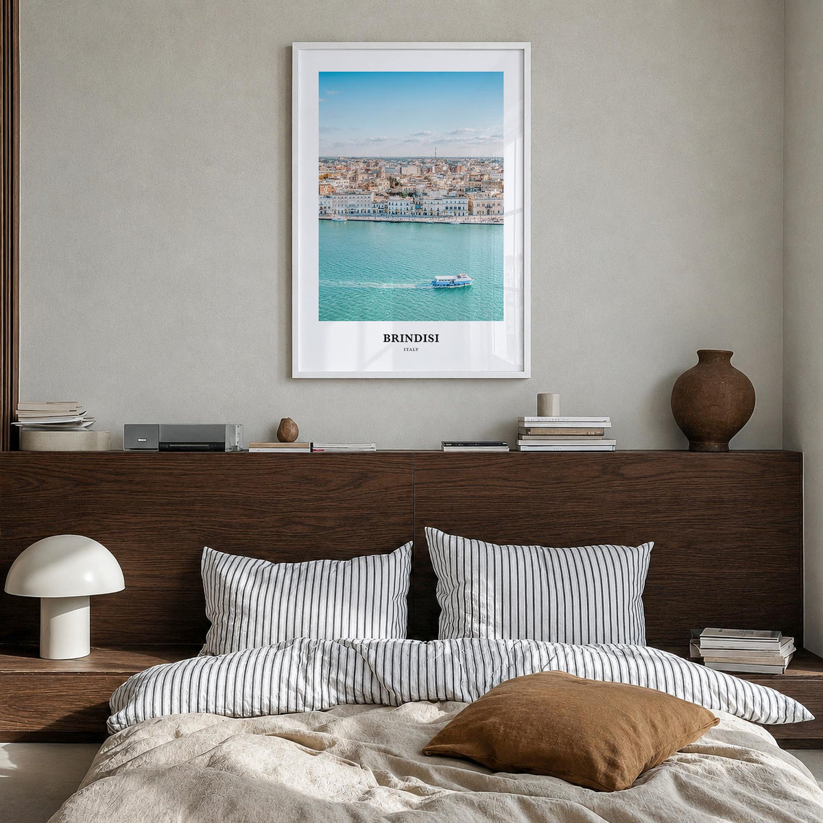 Brindisi colorful classic poster of Italy – vertical wall art in white wood frame, hanging on wall