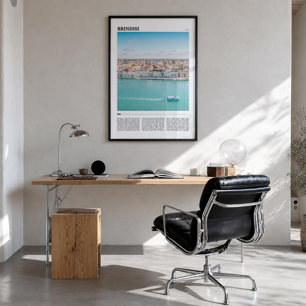 Brindisi colorful travel poster of Italy – vertical wall art in black wood frame, hanging on wall