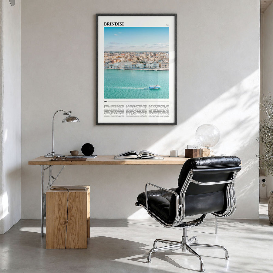 Brindisi Travel Poster in a black wood frame, hanging in a bright home office