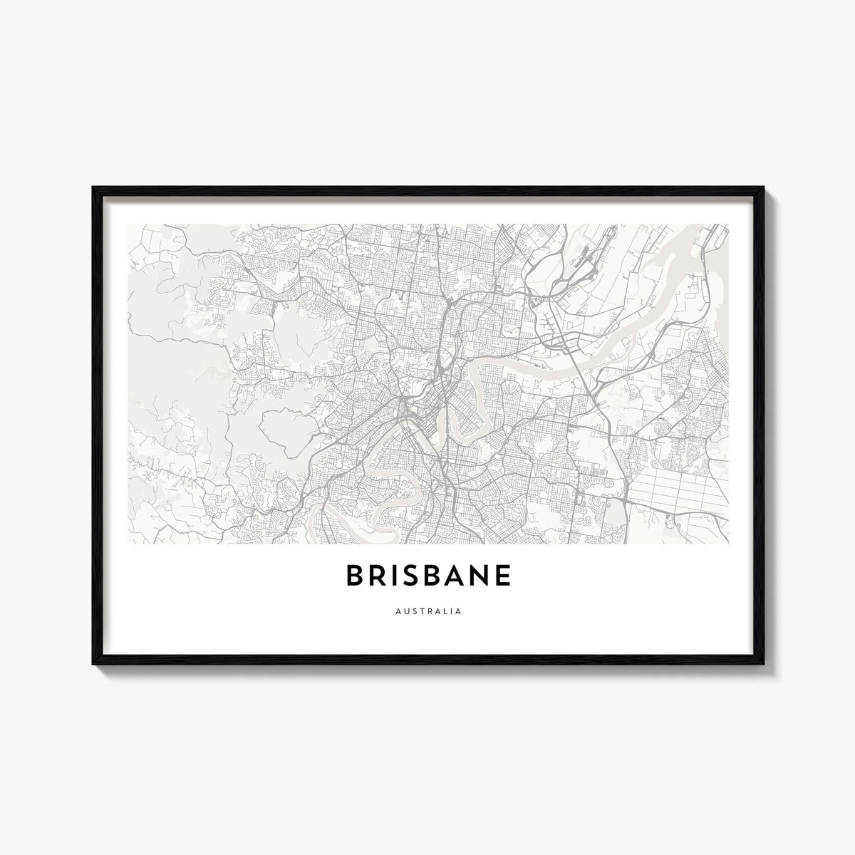 Brisbane black & white map poster of Queensland, Australia – horizontal wall art, unframed print shown in interior mockup