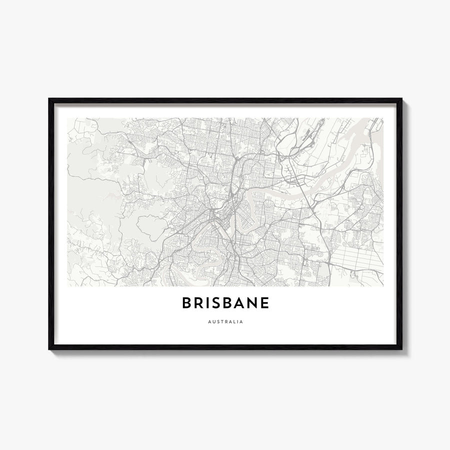 Brisbane black & white map poster of Queensland, Australia – horizontal wall art, unframed print shown in interior mockup