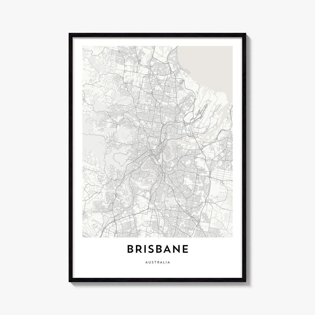Brisbane black & white map poster of Queensland, Australia – vertical wall art, unframed print shown in interior mockup