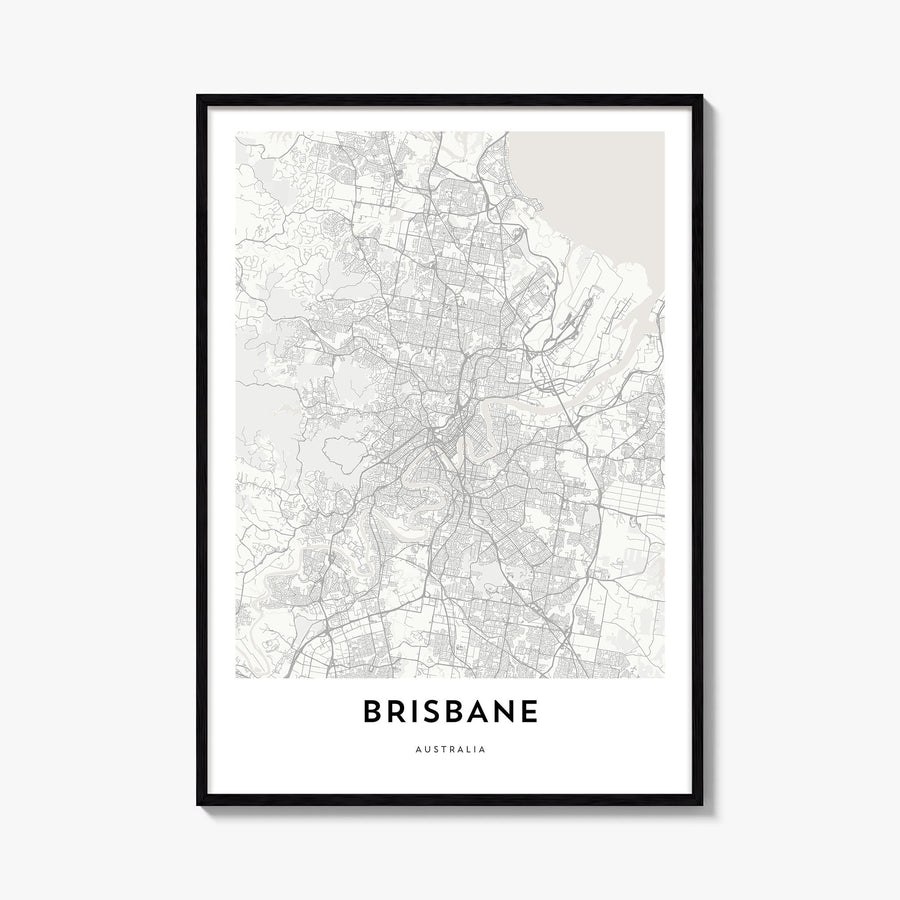 Brisbane black & white map poster of Queensland, Australia – vertical wall art, unframed print shown in interior mockup