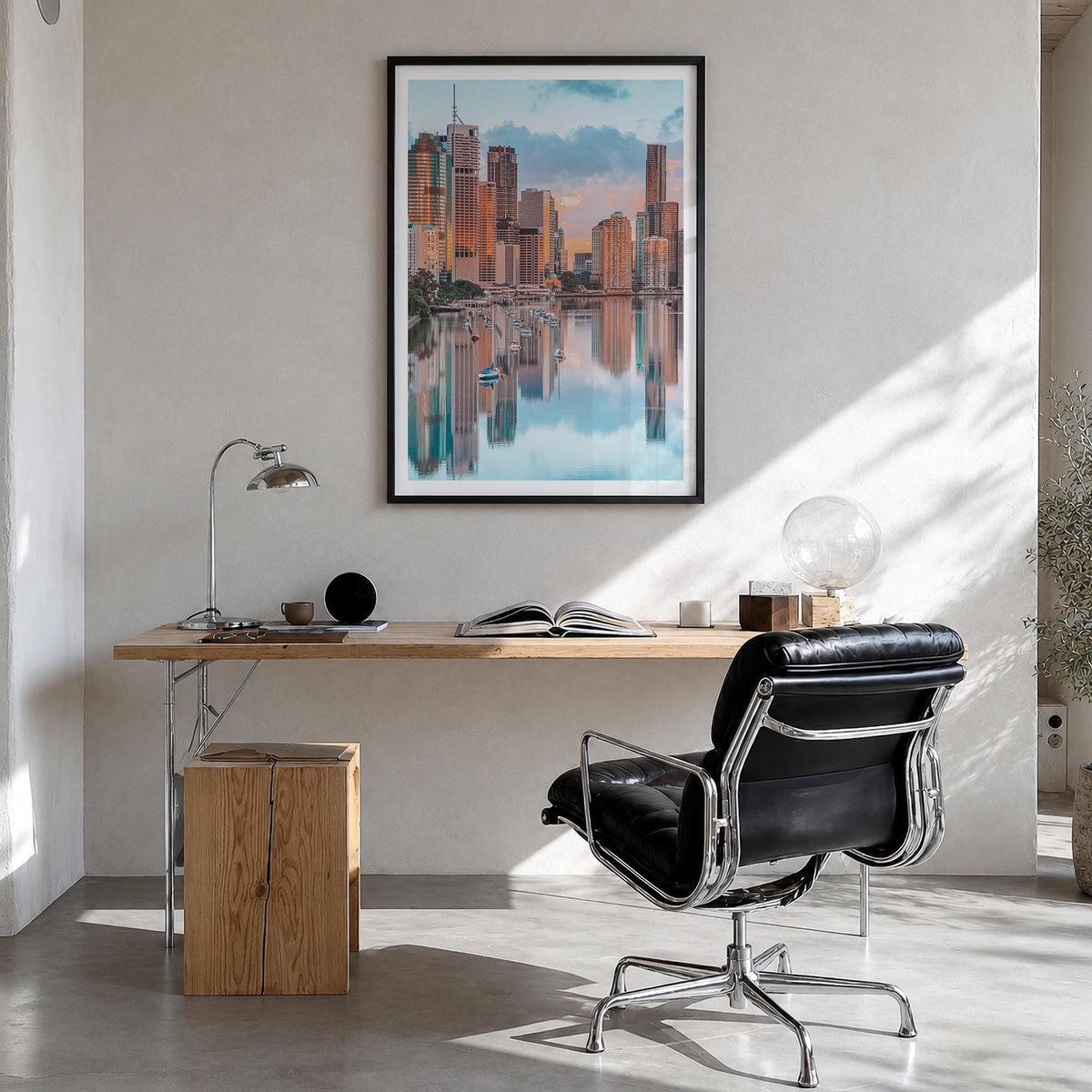 Brisbane colorful photo poster of Queensland, Australia – vertical wall art in black wood frame with white border, hanging on