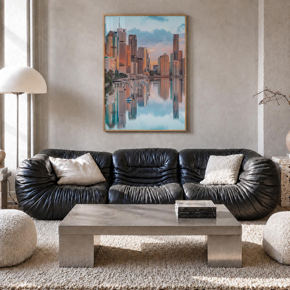 Brisbane colorful photo poster of Queensland, Australia – vertical wall art in natural wood frame, hanging on wall