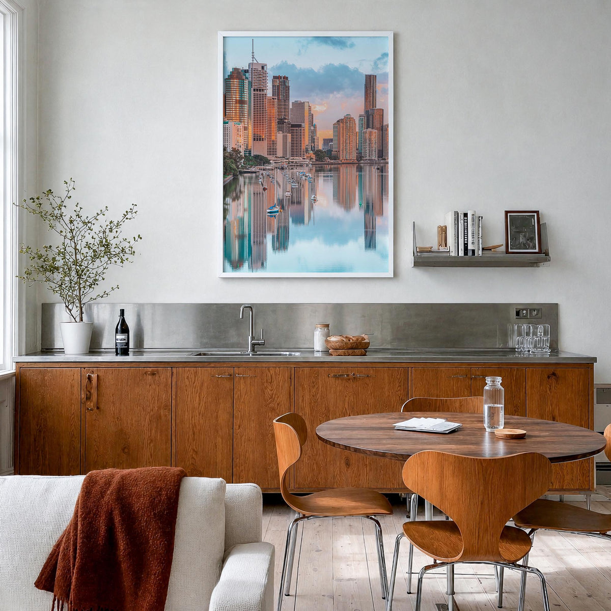 Brisbane colorful photo poster of Queensland, Australia – vertical wall art in white wood frame, hanging on wall