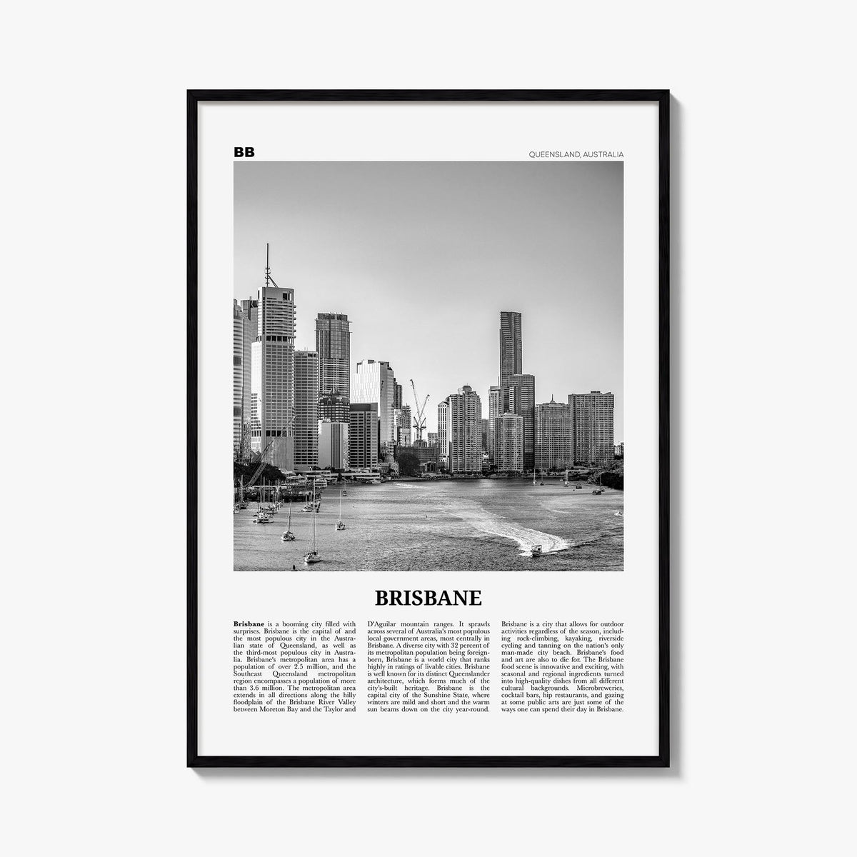 Brisbane no. 1 black & white newspaper poster of Queensland, Australia – vertical wall art, unframed print shown in interior 