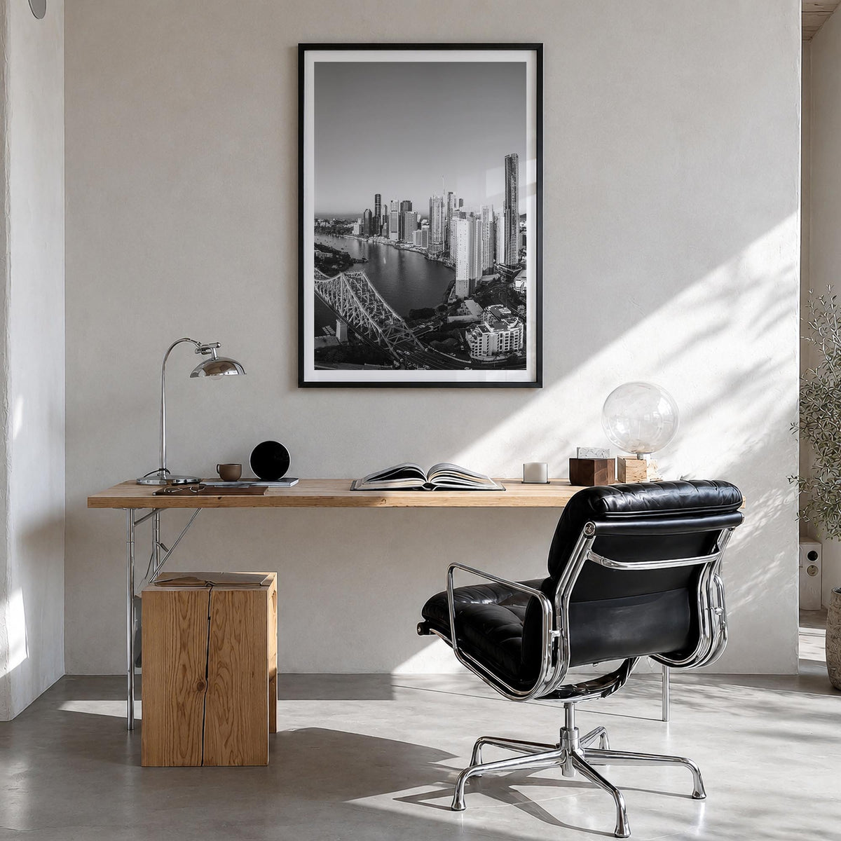 Brisbane no. 1 black & white photo poster of Queensland, Australia – vertical wall art in black wood frame with white border,