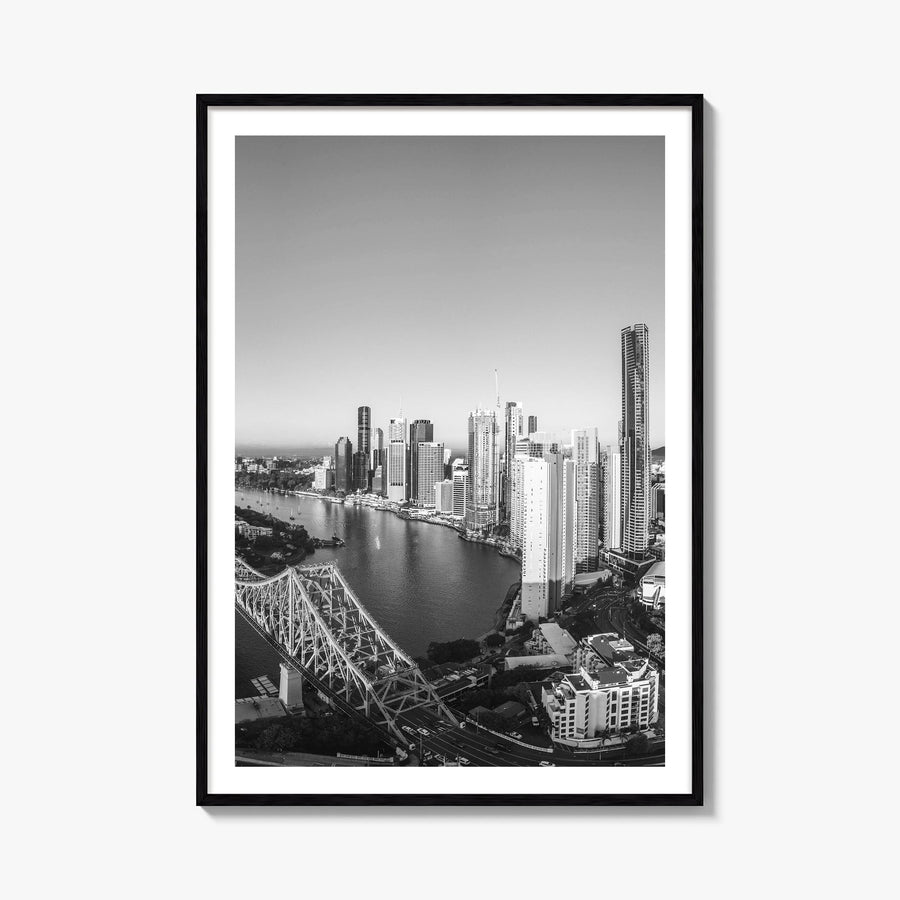 Brisbane no. 1 black & white photo poster of Queensland, Australia – vertical wall art, unframed print shown in interior mock