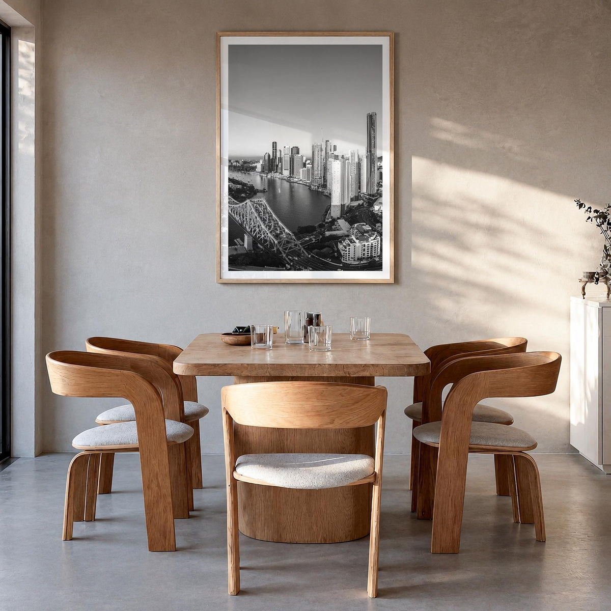 Brisbane no. 1 black & white photo poster of Queensland, Australia – vertical wall art in natural wood frame with white borde