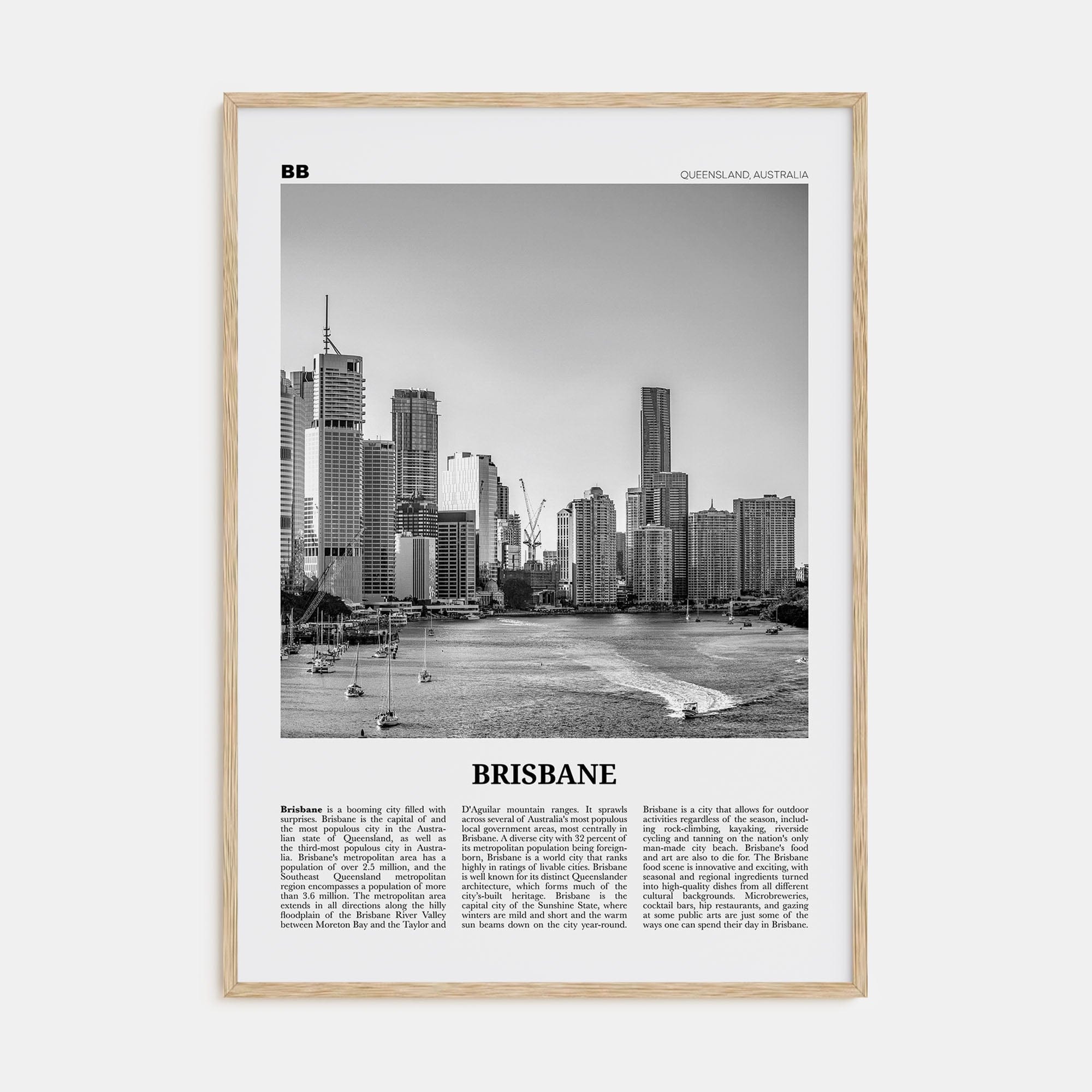 Brisbane No 1 Poster Natural Wood / 8x12 in Nbourhood Travel B&W Poster