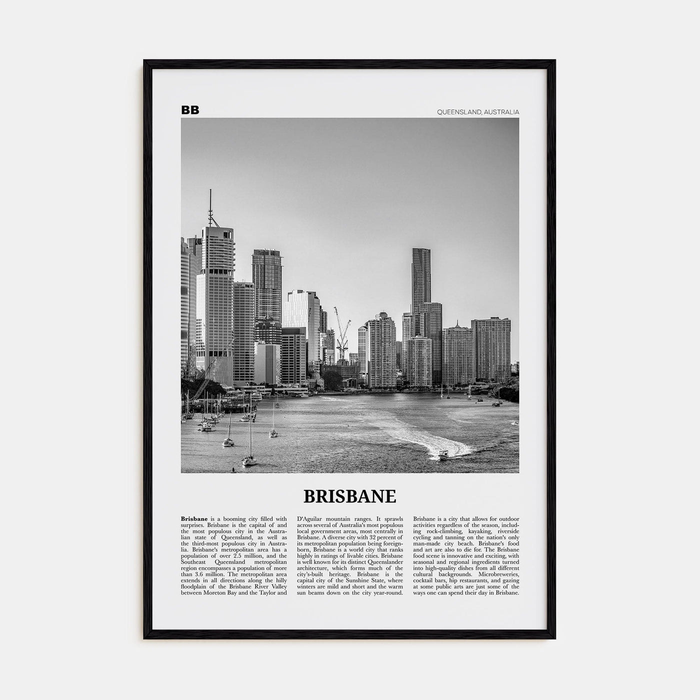 Brisbane No 1 Poster Black Wood / 8x12 in Nbourhood Travel B&W Poster