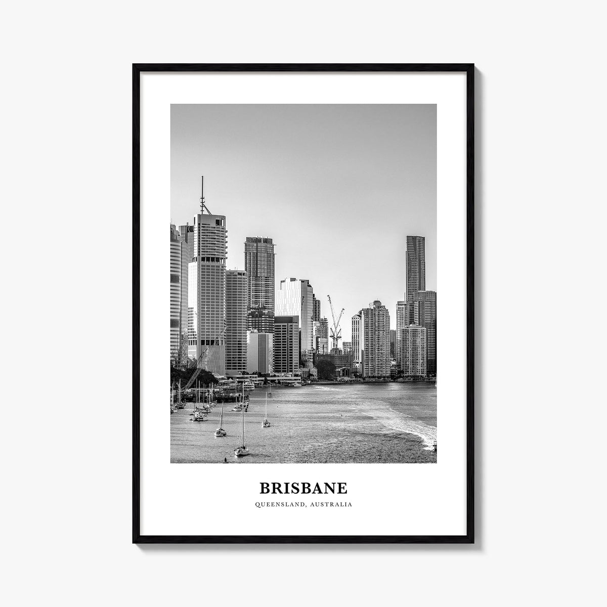 Brisbane no. 2 black & white classic poster of Queensland, Australia – vertical wall art, unframed print shown in interior mo