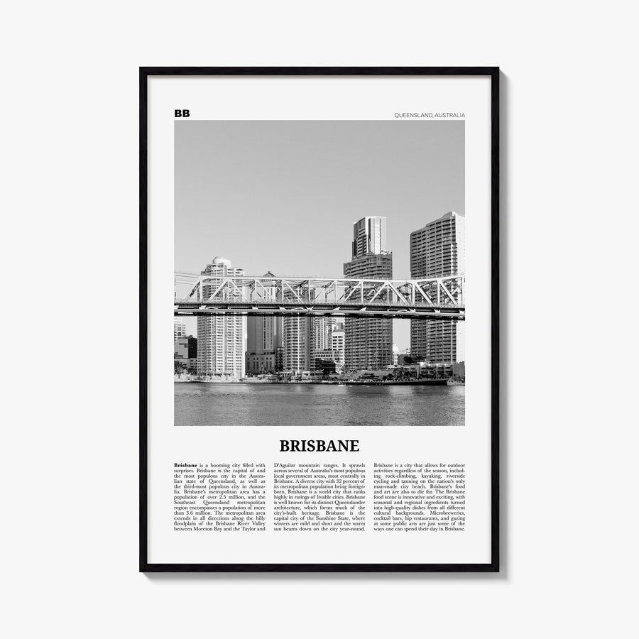 Brisbane no. 2 black & white newspaper poster of Queensland, Australia – vertical wall art, unframed print shown in interior 