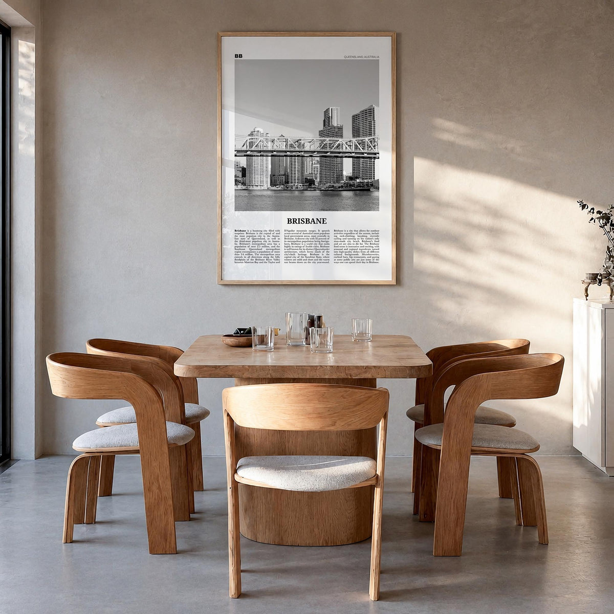 Brisbane no. 2 black & white newspaper poster of Queensland, Australia – vertical wall art in natural wood frame, hanging on 