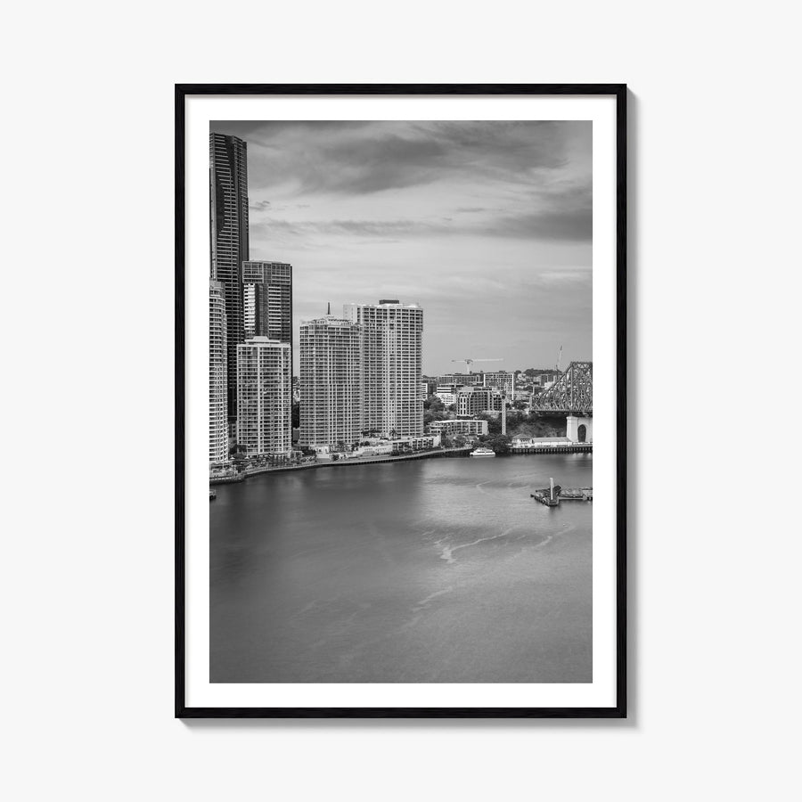 Brisbane no. 2 black & white photo poster of Queensland, Australia – vertical wall art, unframed print shown in interior mock