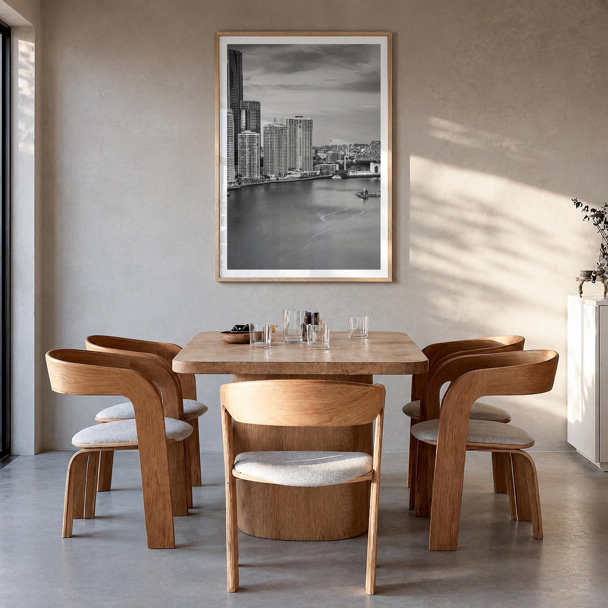 Brisbane no. 2 black & white photo poster of Queensland, Australia – vertical wall art in natural wood frame with white borde