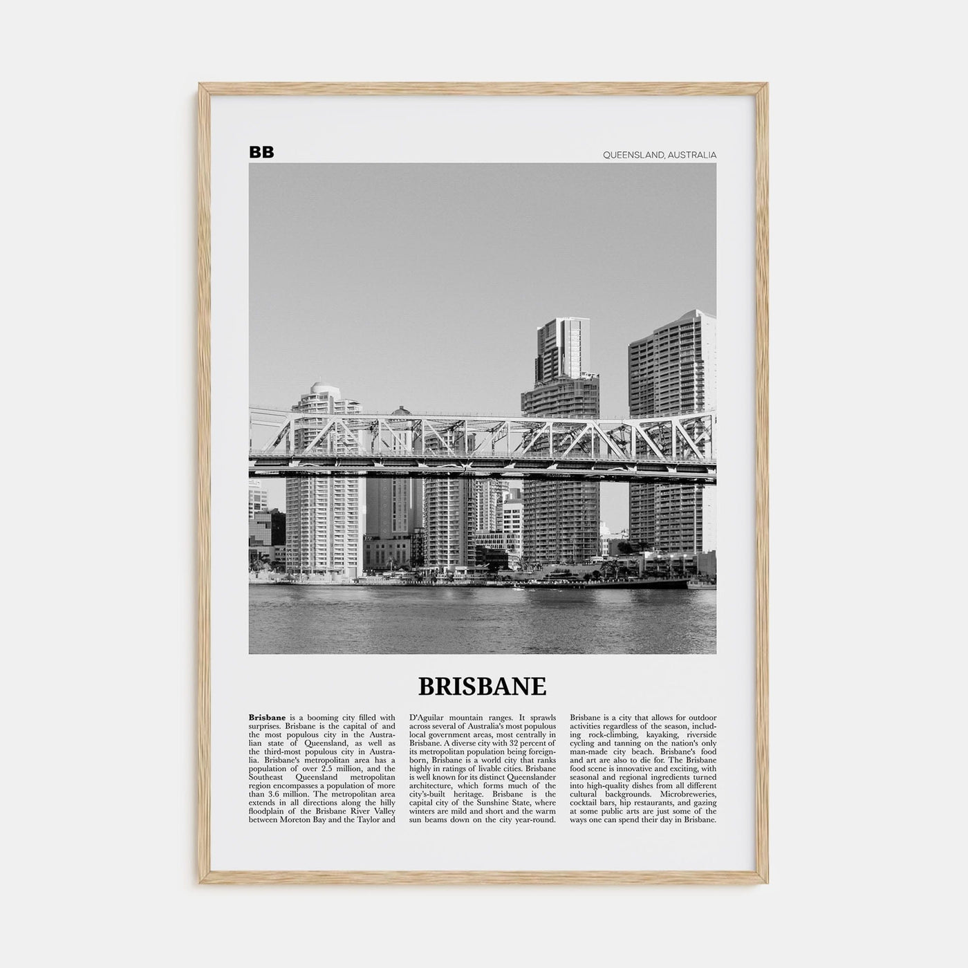 Brisbane No 2 Poster Natural Wood / 8x12 in Nbourhood Travel B&W Poster