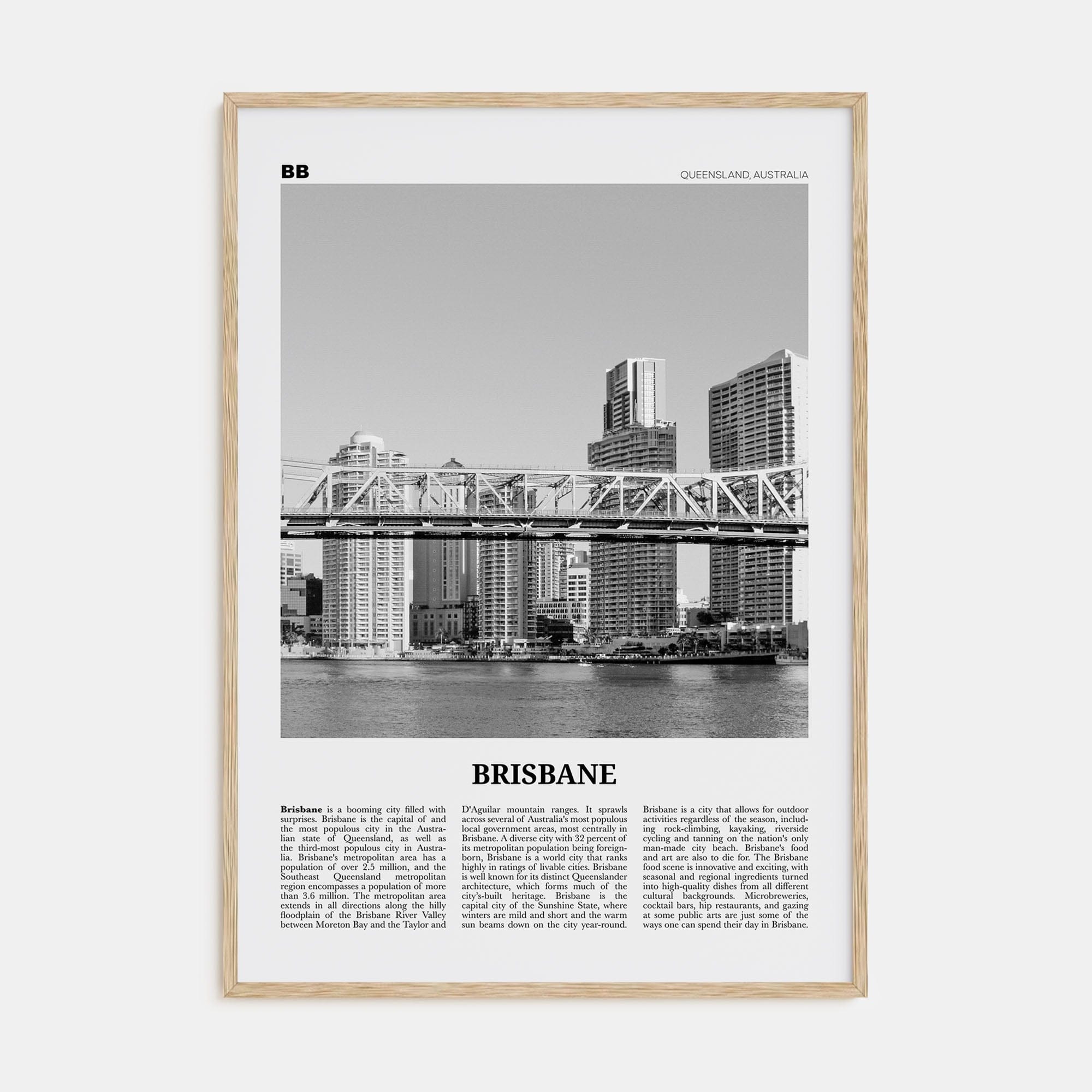 Brisbane No 2 Poster Natural Wood / 8x12 in Nbourhood Travel B&W Poster