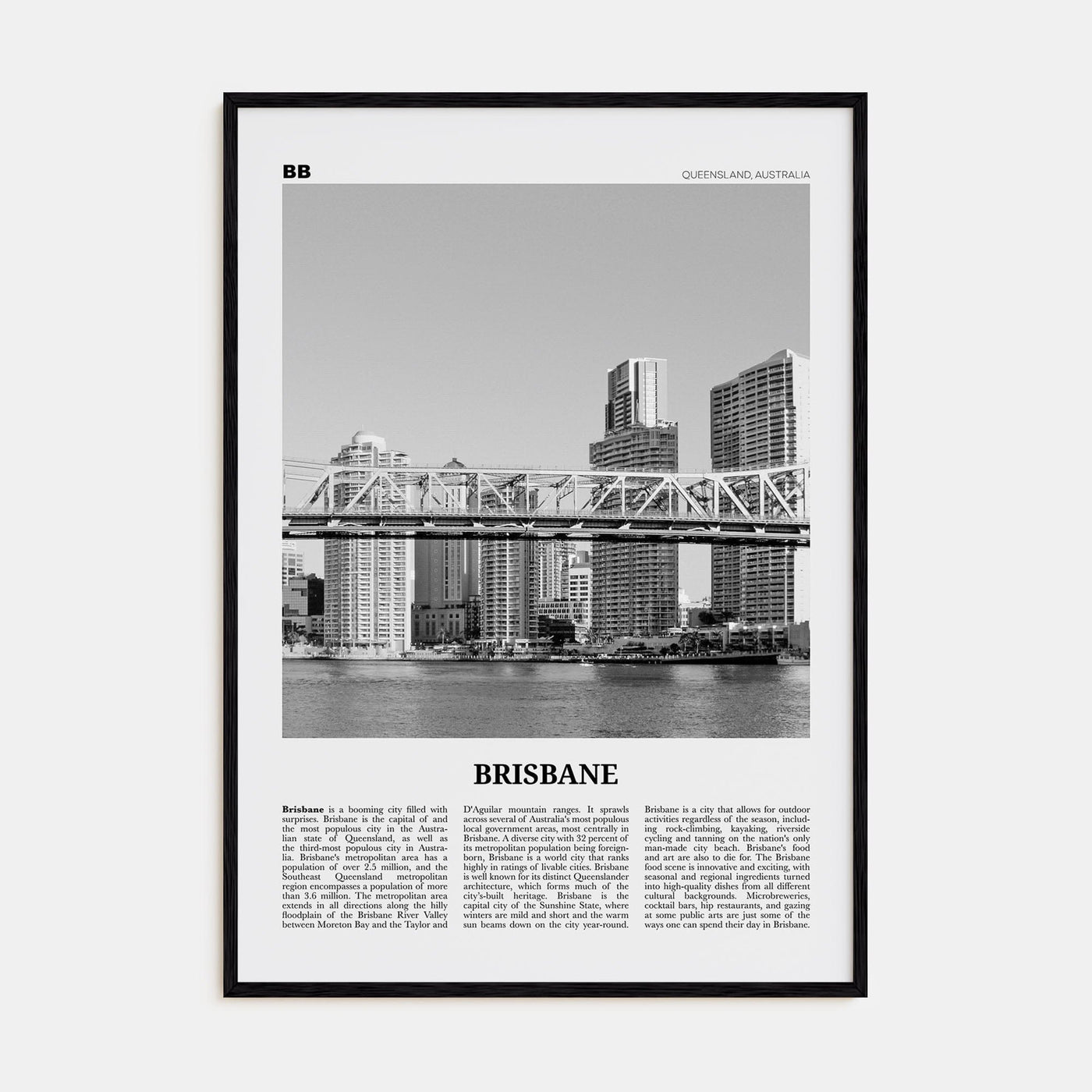 Brisbane No 2 Poster Black Wood / 8x12 in Nbourhood Travel B&W Poster