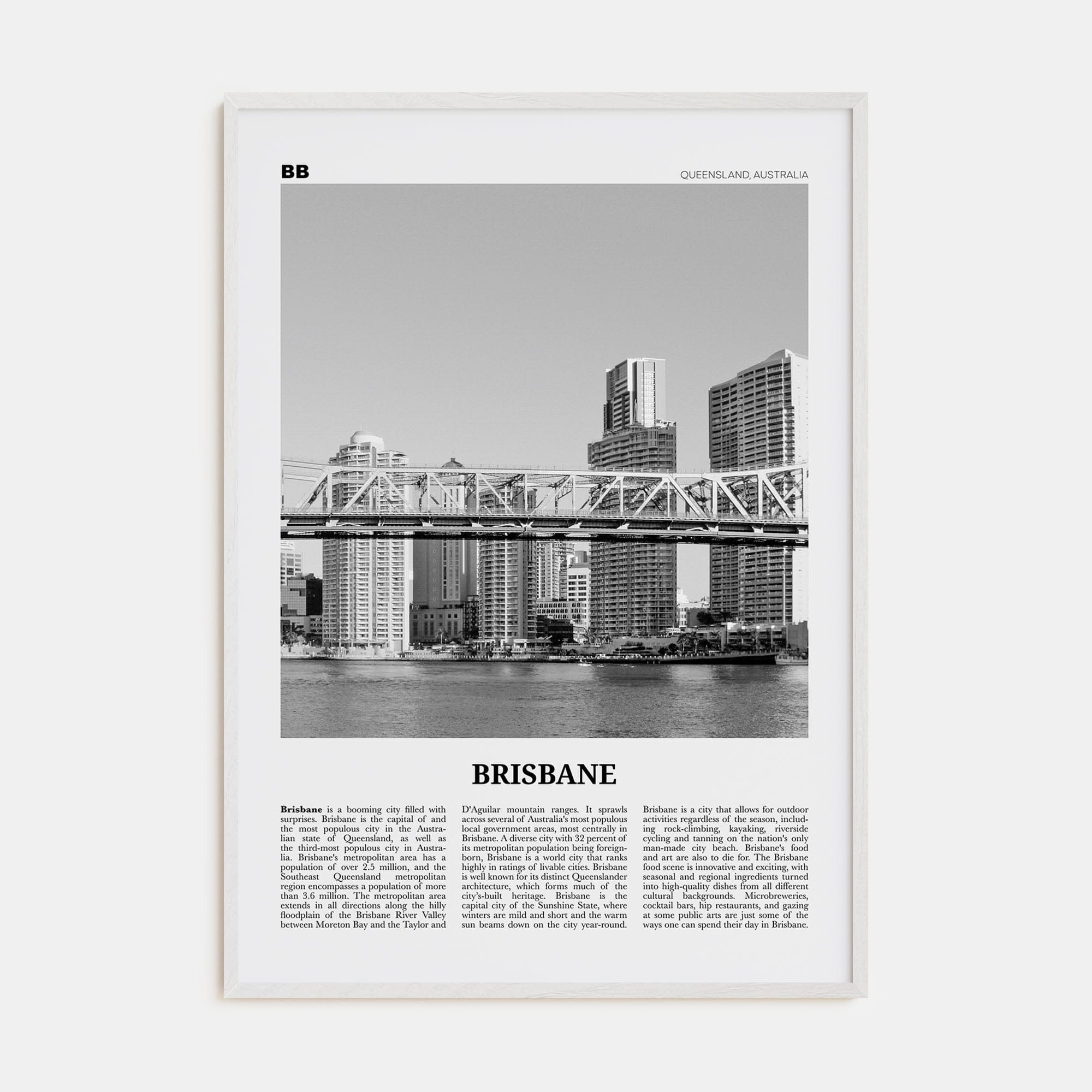 Brisbane No 2 Poster White Wood / 8x12 in Nbourhood Travel B&W Poster