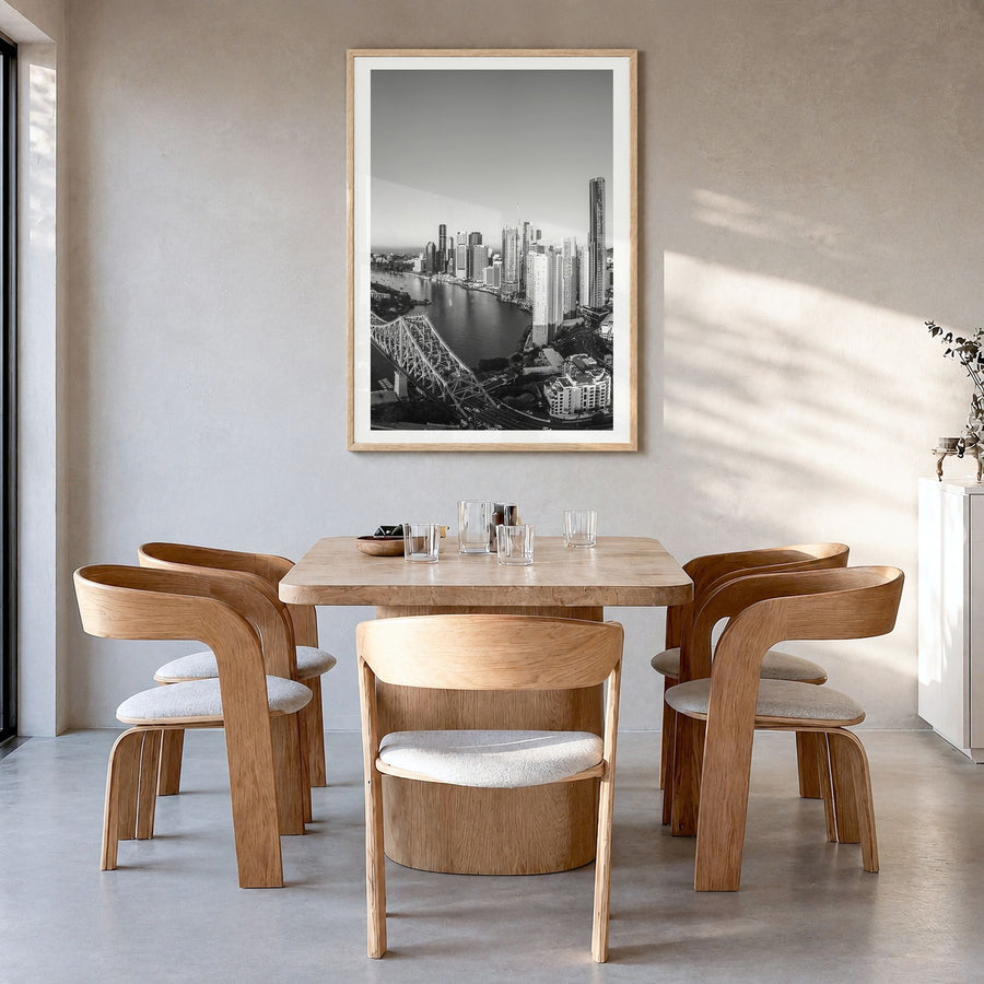 Brisbane Photo No 1 Poster in a natural wood frame, hanging in a dining room, white border
