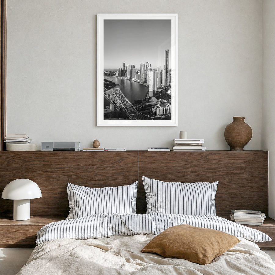 Brisbane Photo No 1 Poster in a white wood frame, hanging in a bedroom, white border